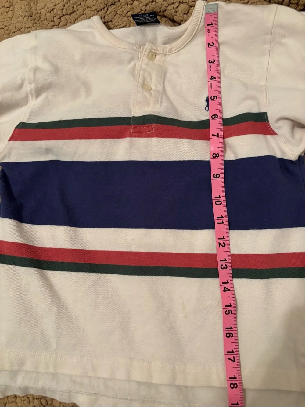 Ralph Lauren Boys Polo Cream Long Sleeve Henley with Red, Green & Blue Stripes S